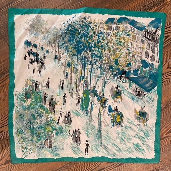 Vintage 26” x 26” Green Vintage Abstract Art City People Scenic View scarf - Picture 3 of 11